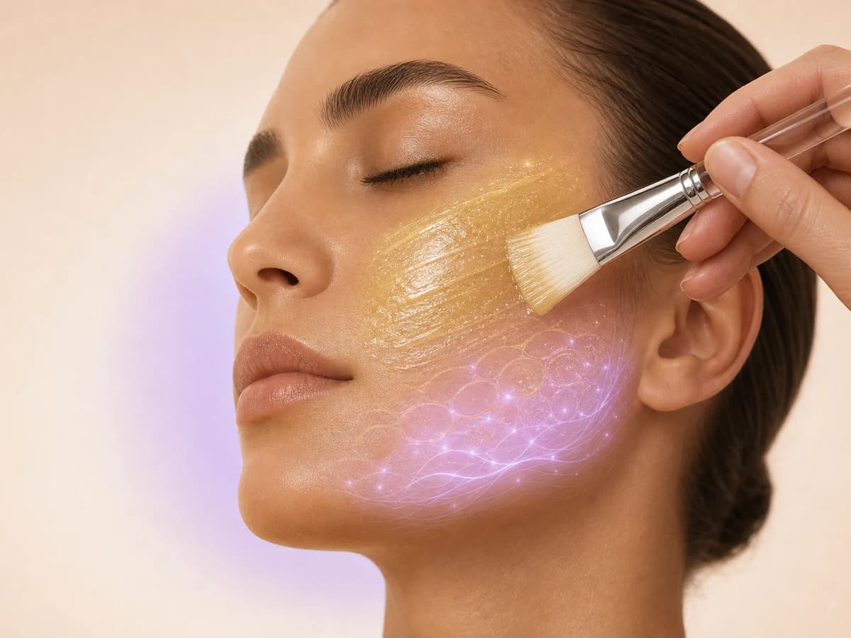 Ilustração em 3D da aplicação do peeling dourado no rosto